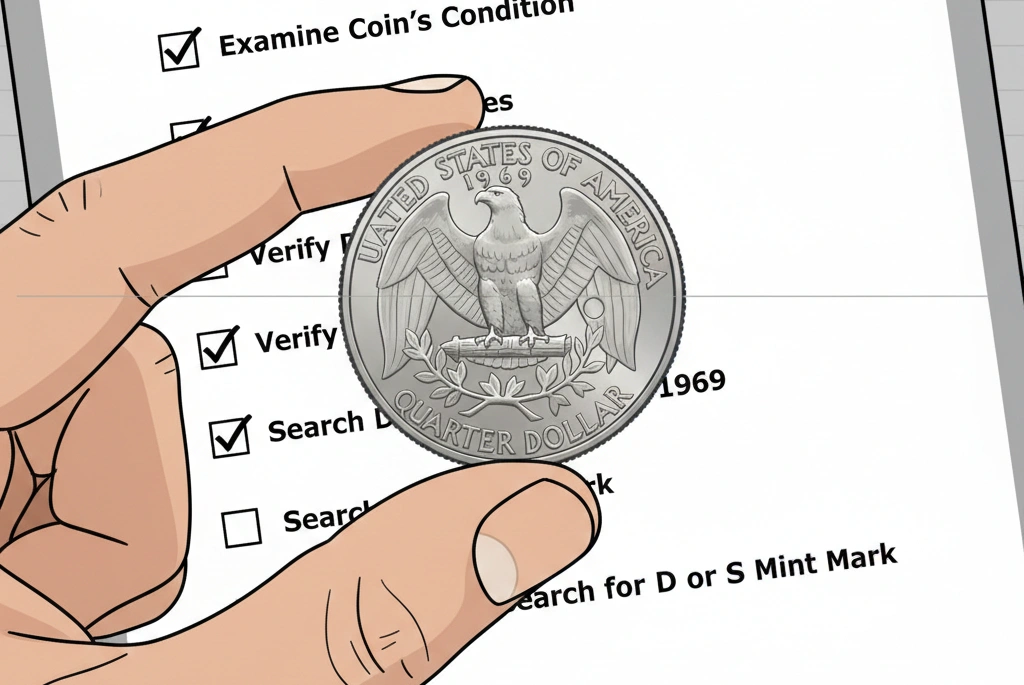 A hand holding a 1969 no mint mark quarter against a checklist background