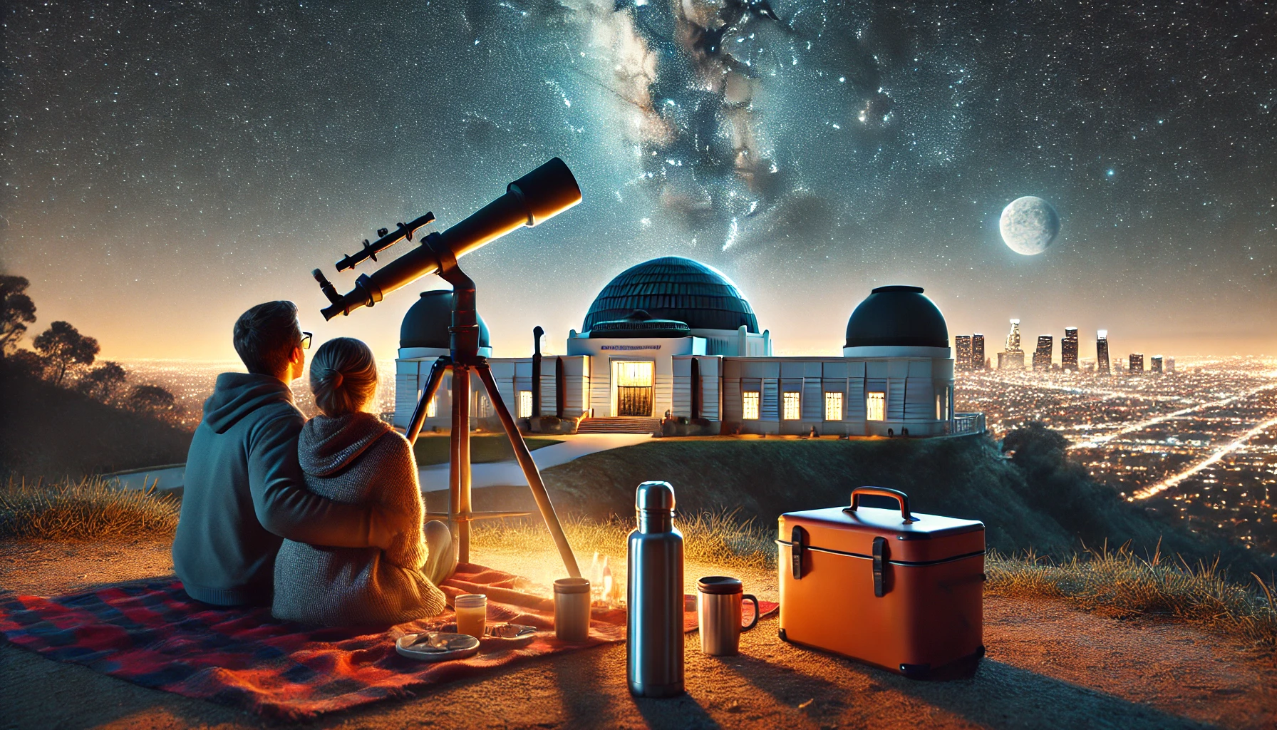 A couple sitting under a clear night sky, stargazing with a telescope.