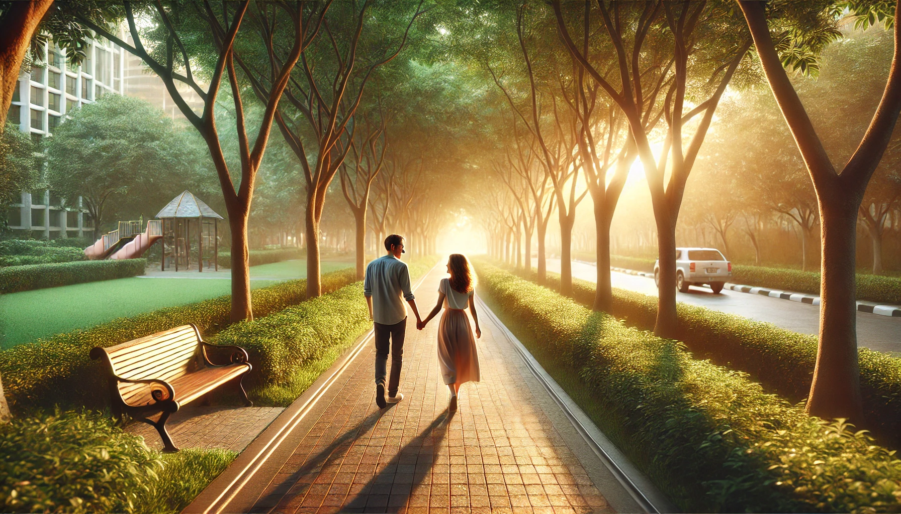 a couple walking hand-in-hand through a serene park during sunset. The path is lined with trees and soft golden light filters through the leaves, creating a romantic and tranquil atmosphere.
