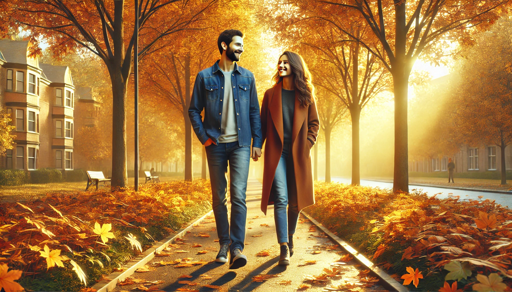 a couple walking hand-in-hand through a peaceful park during autumn, surrounded by golden and orange leaves.