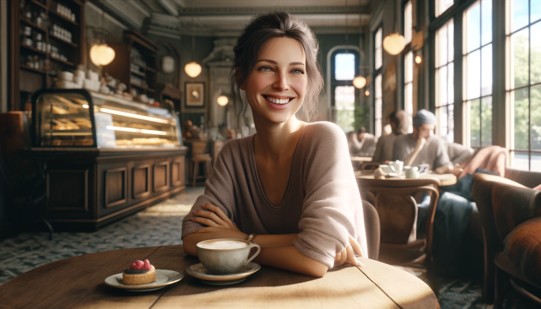 A smiling woman sitting in a cafe, capturing a moment of joy and relaxation.