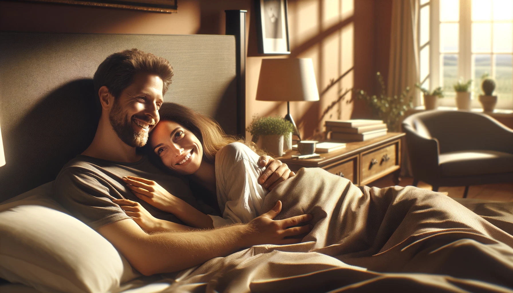 Middle aged man and woman hugging in a bed at a sunrise.