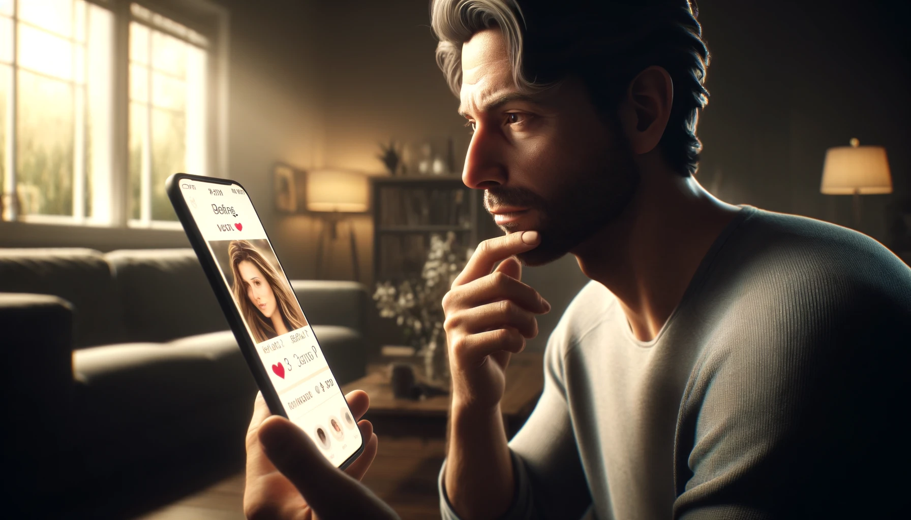A man swiping through profiles of women on a dating app while sitting in a well-lit room, his attention focused intently on a smartphone screen. His expression is one of curiosity and anticipation as he navigates through the potential matches, contemplating his next swipe.