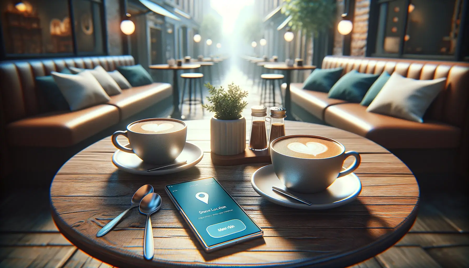 A cozy cafe scene with a table showcasing two cups of coffee and a smartphone between them. The smartphone's screen displays a notification of a shared location, symbolizing a couple's planned meetup.