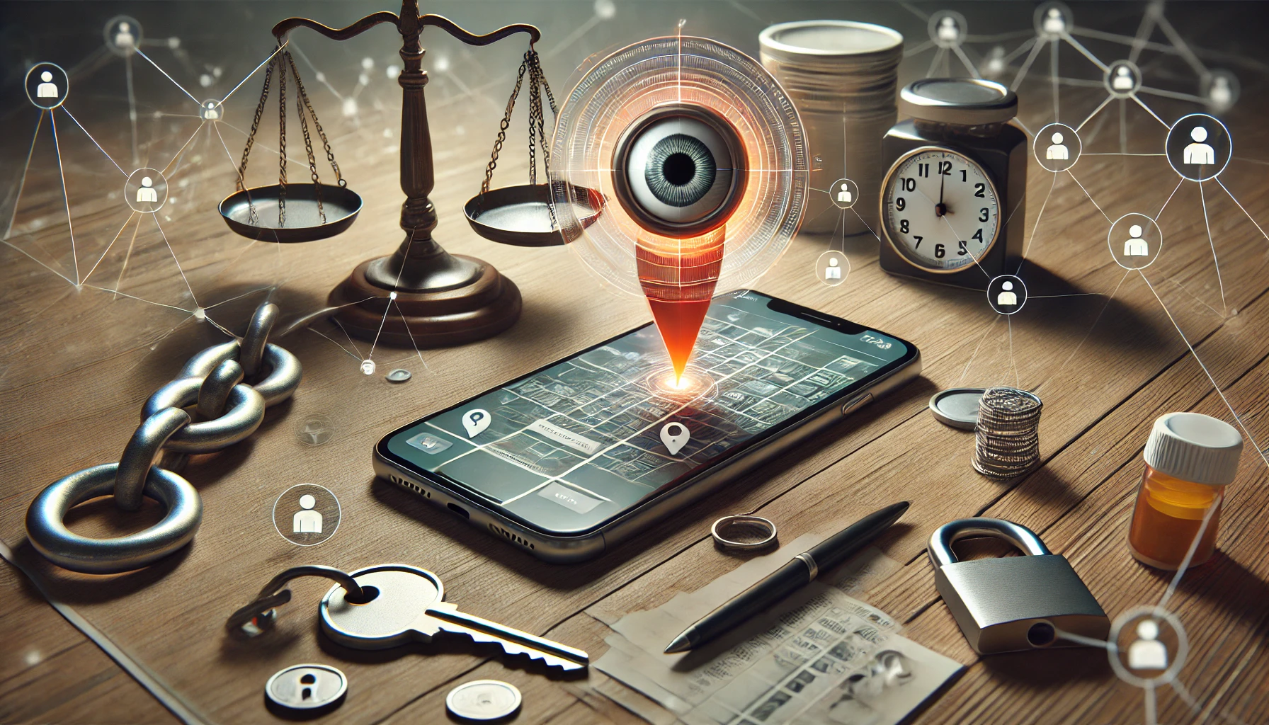 A smartphone with a location-tracking app emitting a signal is surrounded by abstract representations of privacy concerns, illustrating the psychological impact of location sharing.