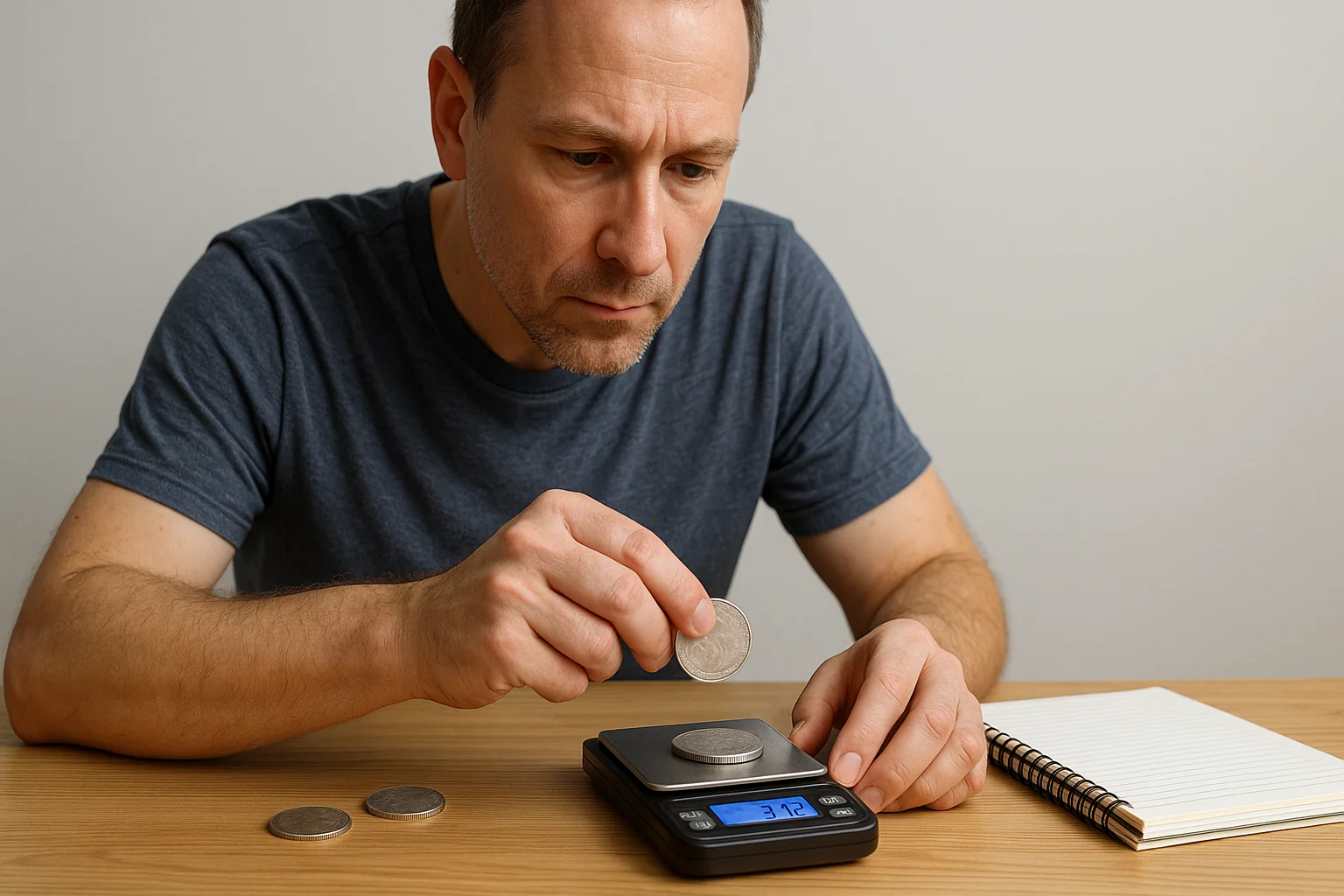  A collector places a silver coin on a digital scale, checking its weight to verify official bullion specifications.