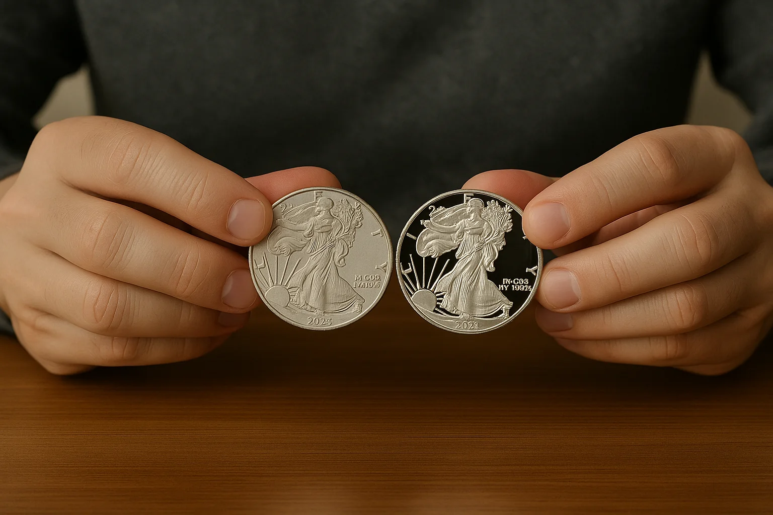 A collector compares a matte bullion coin and a mirror-finish proof coin side by side to understand the difference in surface and market purpose.